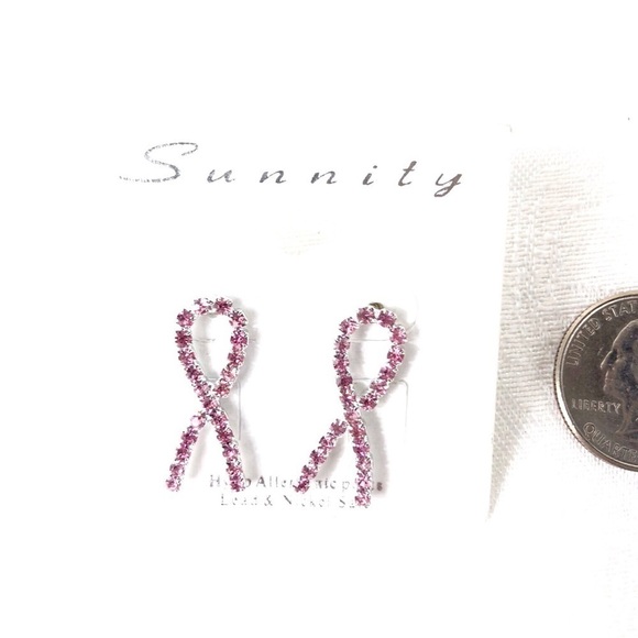 PINK  RIBBON RHINESTONE STUD EARRINGS #205 - Picture 1 of 1